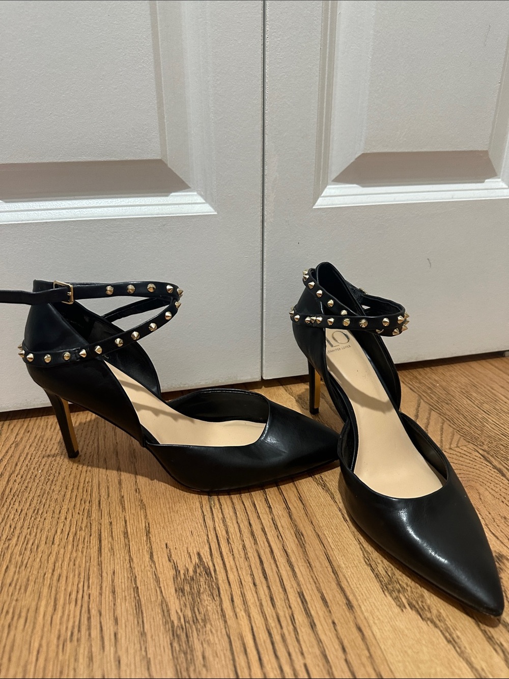 JLo Studded Ankle-Strap Black Pointed-Toe Pumps